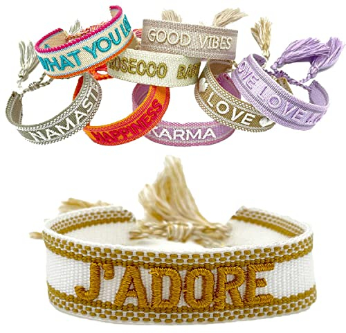 LS-LebenStil Exklusives Statement Armband Quasten besticktes Boho Canvas Webarmband (J'ADORE Gold)