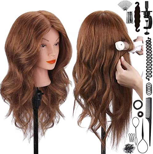 SZCY LLC Mannequinkopf mit 100 % Echthaar, 45,7 cm, Dunkelbraun, Kosmetik, Frisierkopf, Übungskopf, Puppenköpfe mit Klemmhalter und Werkzeugen