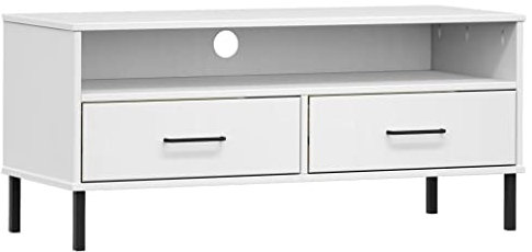 vidaXL Meuble TV avec Pieds en métal Blanc Bois de pin Massif Oslo, Support TV, Armoire média, Armoire HiFi, unité TV, Meuble multimédia