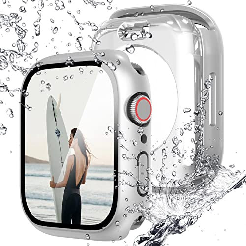 NewWays Lot de 2 films de protection d'écran étanches compatibles avec Apple Watch de 40 mm Series 6 5 4 SE (2025-2020) avec verre trempé, iWatch coque de protection complète en polycarbonate rigide