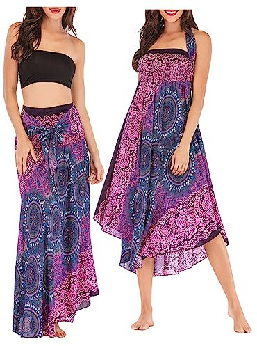 JENJON Femme Robe Imprimé Fleurie Ete Boheme Jupe Style Ethnique 2 en 1 sans Manche Plage Strap Wrap Taille Unique B-Violet