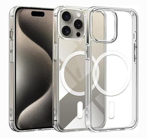 Magnetisch Clear Hülle für iPhone 15 Pro Max HandyHülle kompatibel mit MagSafe [Nie Gelb] [Herr der Magnete] Militärqualität Stoßfeste Schutzhülle Transparent Case Dünne Handyhülle - Durchsichtig