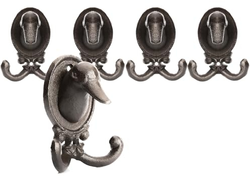 BigDean 4 Stück Garderobenhaken Ente aus robusten Gusseisen anthrazit (BxH) 8,5x10cm - Haken als Deko und Garderobe geeignet- Tierkopf Kleiderhaken massiv –Wandhaken vintage für Innen & Außen