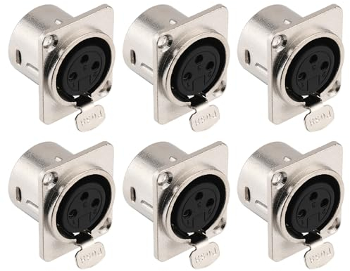 Greluma 6 Pièces Fiches XLR femelles, prises femelles à montage sur panneau à 3 broches, connecteurs XLR femelles pour haut-parleur de microphone, contacts en cuivre nickelé, boîtier métallique