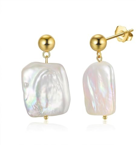 Bellitia Jewelry Perlen Tropfen & Dangle Ohrringe 925 Sterling Silber Handverlesene Barockperlen Ohrringe 14 Karat Vergoldete Weiße Süßwasserperlen Ohrringe Vintage Ohrschmuck für Frauen Mädchen