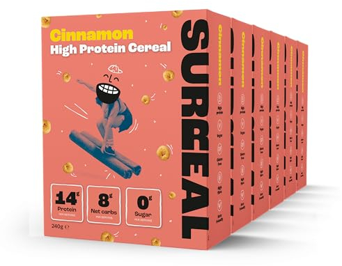 Surreal Cinnamon - High Protein Keto Cereal 6 Pack - Zero Sugar- Healthy Plant Based Cereal - High in Fibre - Low Carb - Gluten Free - Vegan - 14g of Protein, 0g of Sugar - 240g per Box
