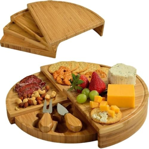 Recalma Plateau à Fromage Rond en Bambou avec Couteau à Fromage, Plateau de Service Tournant en Bois à 4 Couches, Plateau en Bois Coulissant pour Charcuterie, Amuse-Bouches et Planche Apéro.