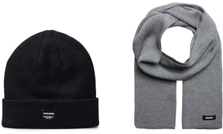 JACK & JONES Strickmütze Schwarz (Black Black) Einheitsgröße Schal Grau (Grey Melange Grey Melange) Einheitsgröße