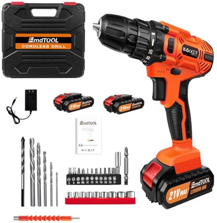 Elektrische Bohrmaschine, Akku Bohrmaschine, 21V Bohrschrauber mit Li-Ion Akku/Ladegerät, Drehmomenteinstellung, Leichtgewicht, LED, Schlagbohrer Set für Zuhause, DIY