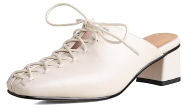 TinaCus Women's Genuine Leather Square Toe Handmade Lace-up Ballet Chunky Heel Slipper Sandals Pumps, Beige, 4 UK