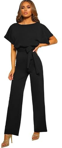 Haibang Womens Jumpsuits Elegant Dressy Short Sleeve Jumpsuits Crew Neck Belted Wide Leg Pant Romper Casual Long Playsuit One Piece Summer Outfits with Pockets