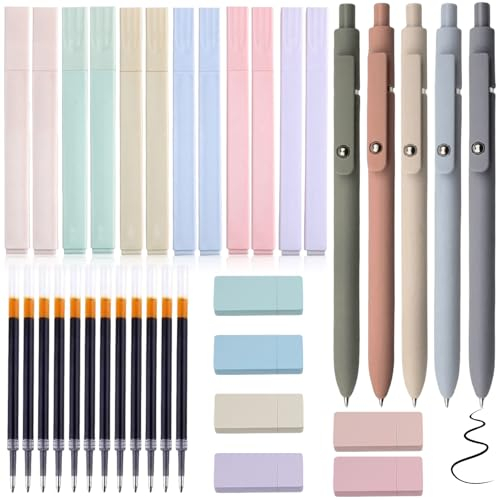 23 Textmarker Pastell Set, 12 Stifte Aesthetic No-Bleed Marker Stifte, 6 Korrekturroller und 5 Schwarze Gelstiften mit 10 Ersatzminen Enthalten, Pastell Textmarker Zubehör für Journal Büro Schulbedarf