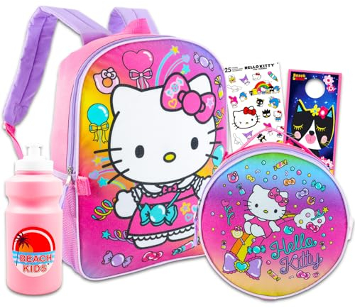 Hello Kitty Zaino con borsa per il pranzo per ragazze, set con zaino Hello Kitty da 40,6 cm, contenitore per il pranzo, bottiglia d'acqua, adesivi, altro | Zaino Hello Kitty per la scuola,