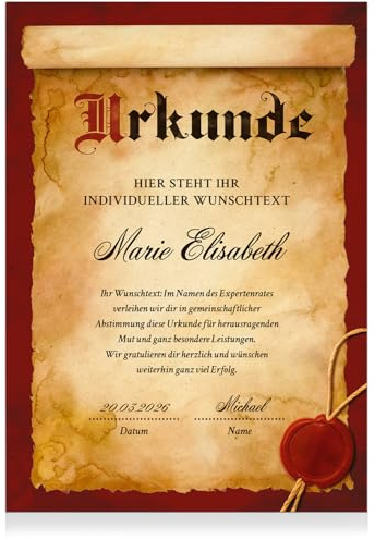 Einladungskarten Manufaktur Hamburg Urkunde PERSONALISIERT mit Text Name individuell DIN A4 mit Umschlag Zertifikat Ehre Ruhestand Geschenk Auszeichnung Vintage Geburtstag Retro Rot