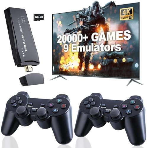 aichilra Consola de juegos retro, Plug & Play TV Video Stick integrado en más de 20000 juegos + controladores inalámbricos duales, múltiples emuladores, salida HDMI 4K, perfecto para niños o adultos