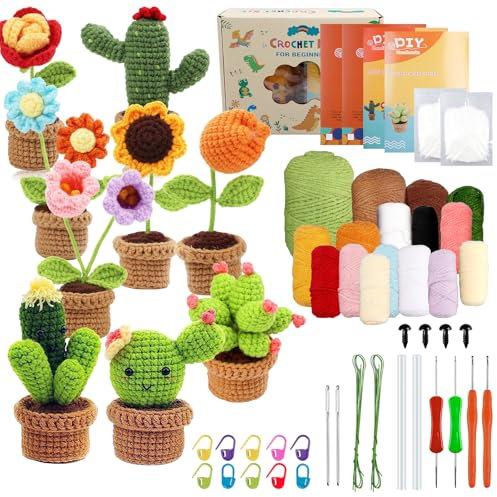 Häkelset für Anfänger, 9 Teiliges Häkeln für Anfänger, Häckel Box Anfänger Häkeln Starter Set Pflanzen Komplett Häkelset mit Häkelnadeln Garn Anleitung und Video-Tutorials für Anfänger Geschenk