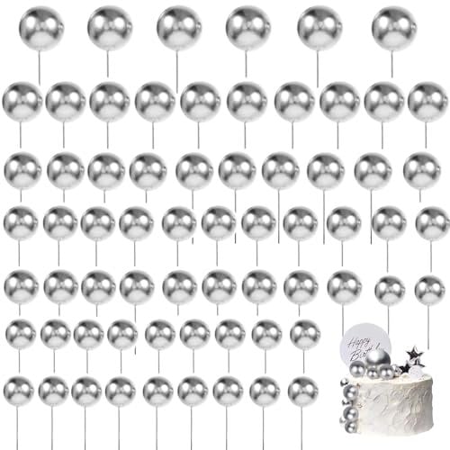 66 Pcs Silver Balls for Cake Decorating, Ball Cake Topper Decorations, Sticks, Cupcake Topper for Birthday Party, Baby Shower, Wedding Cake Decoration
