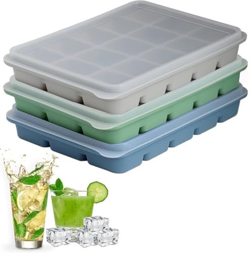 Eiswürfelform, Silikon Eiswürfelform mit Deckel, 3 Stück 45 Fach Silikon Eiswürfelschale, für Cocktails Whisky Wein Obst Fruchtpürees Eiscreme Eistee (Olive Green+blau+ grau）