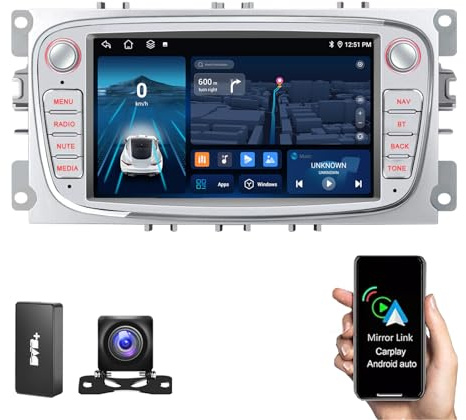 ESSGOO 2+64G Android 14 Drahtloses Carplay und Android Auto Autoradio Für Ford Focus S/C-Max Mondeo MK4 Galaxy, 7 Zoll Touchscreen mit Bluetooth FM RDS GPS WiFi-Silber+AHD Kamera & DAB+