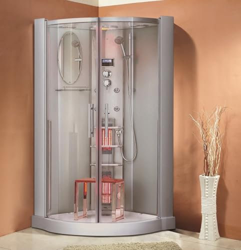 Doccia a vapore Alaska con sauna a infrarossi, 90 x 90 cm, cabina benessere con doccia a pioggia, funzione massaggio, luce a LED, aromaterapia e sistema multimediale, in acrilico sanitario di alta