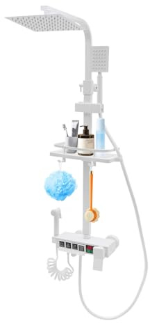 OUKANING Duschsystem Mit Thermostat Digital, Drehknopf-Bedienungen, Duschset Mit Ablagekorb, Einschließen Kopfbrause, Handbrause, Hochdruck-Wasserpistole Und Auslasshahn (Weiß, Farbe-Backen)