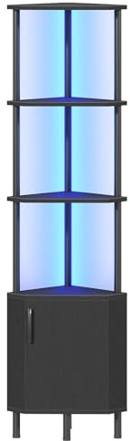 HOOBRO Corner Cabinet with LED Light, Corner Shelf Stand with Storage and Doors, 5-Tier Industrial Corner Bookshelf, 59” Tall Display Rack Shelf, for Living Room, Kitchen, Black BB147DCJ01