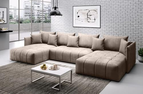 ChillMe Large Beige Velvet U Shape Sofa Bed, Double Bed Sleeping Area with Storage 'Seoul' - FREE Assembly