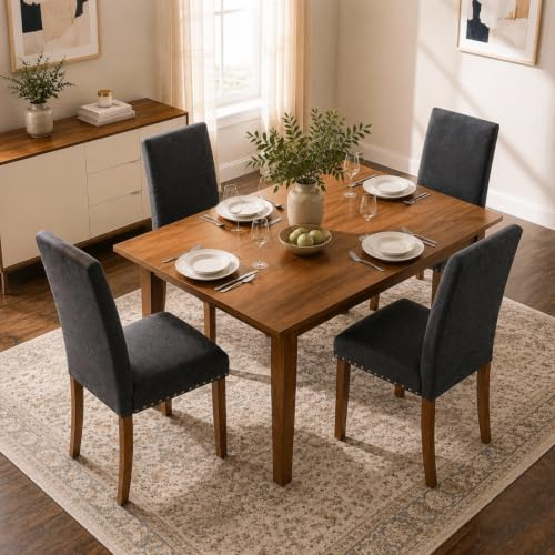 Clevich Esszimmerstühle 4er Set, Polsterstühle Aus Holz, Küchenstuhl, 4pcs | Polsternder Stühle mit Rückenlehne, Leinen Dining Chairs Holzbeinen für Esszimmer, Küche, Restaurant, Modernes Bauernhaus