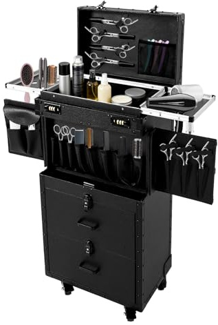 Kosmetikkoffer Trolley, Kosmetikkoffer Schminkkoffer mit 4 Rollen, Abschließbar Friseurkoffer Rollkoffer mit 2 Schubladen, Friseurwerkzeug-Organizer für Haarschneiden, Make-up, Friseure (Schwarz)