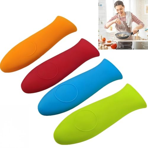 4PCS Silicone Hot Handle Holder, Pan Handle Cover for Metal Frying Pans & Cast Iron Skillets,Non-Slip Pot Holder Sleeve for Saucepan, Baking & Cookware,Washable,Protects Hands (Red+Orange+Green+Blue)