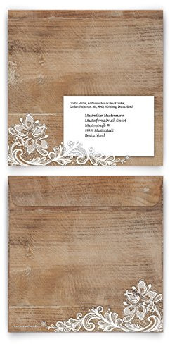 Personalisierte Briefumschläge (20 Stück) - Rustikal mit weißer Spitze - 155 x 155 mm - bedruckte Kuverts