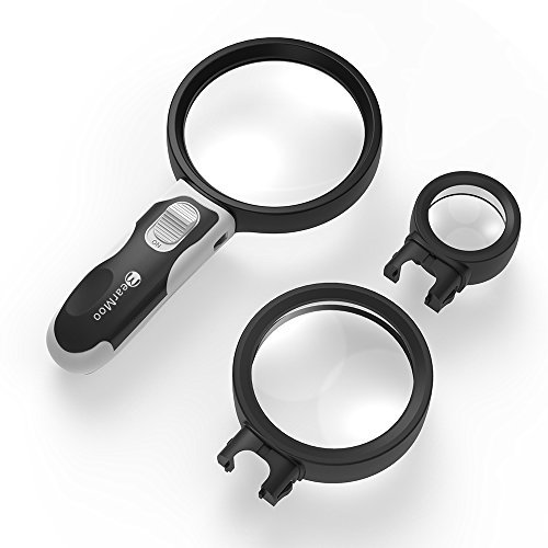 Lupe mit Licht, 3 abnehmbare Objektive, 2,5X, 5X, 16X, 2 ultra-helle LED-Lichter, ergonomischer Griff, leichtes Glas