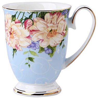 rethyrel Rose Garden - Taza de desayuno de porcelana fina, diseño de flores, color azul