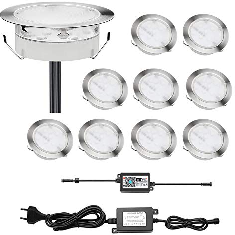 LED Einbaustrahler, 10er Set WiFi Bodeneinbaustrahler Aussen Ø80mm RGB Treppen Einbauleuchten Steuerbar via App, IP67 Wasserdicht Außenleuchten Boden Lichter Kompatibel mit Amazon Alexa, Google Home