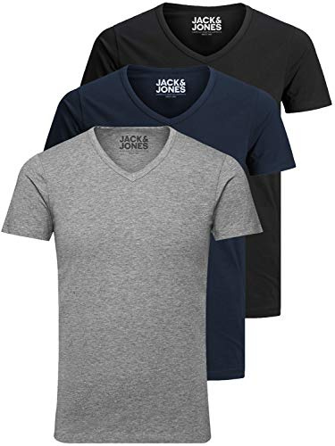 Jack and Jones - Camiseta básica para hombre, cuello de pico, paquete de 3 unidades, color liso, corte ajustado, en blanco, negro, azul y gris