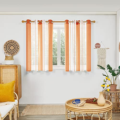 Deconovo Voile Gardinen in Leinenoptik, Ösenschal Transparent Nadelstreifen, Stores Vorhang Durchsichtig Schlafzimmer, 138x140 cm(HöhexBreite), Orange, 2er Set