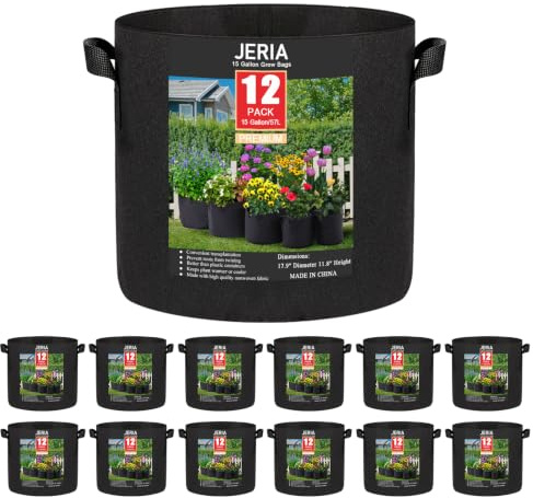JERIA Lot de 12 Sacs de Culture de légumes/Fleurs/Plantes, Pots d'aération en Tissu avec poignées (Noir), livrés avec 12 étiquettes pour Plantes