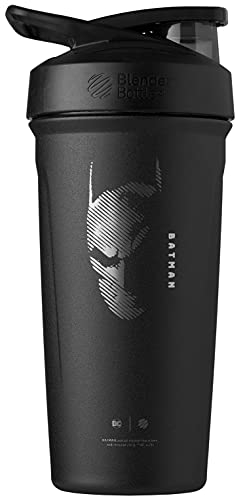BlenderBottle Justice League Strada Shaker Cup Insulated Stainless Steel Water Bottle with Wire Whisk, 24-Ounce, Batman
