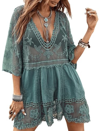 Eomenie Women's Contrast Lace Bathing Suit Cover Up V-Neck Swimsuit Coverups Loose Swimwear Beach Dress Beachwear Green