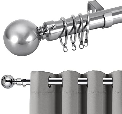 Hafaa Curtain Poles Plain Metal Ball Adjustable Decorative Window Curtain Pole Includes 70 to 120 cm Extendable Curtain Rod, 60mm Size Classic Finials, Rings, Brackets & Fittings Set, Chrome