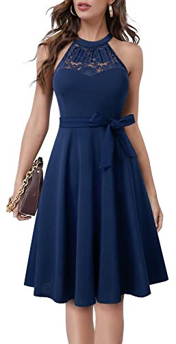 HOMEYEE Damen Vintage 50er Rockabilly Schulterfrei Bestickte Spitze Cocktailkleid A283 (M, Marineblau)