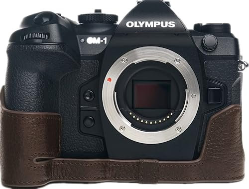 OM-1 Case, Zakao Handmade Genuine Real Leather Half Camera Case Bag Cover for Olympus OM-1 OM1 Bottom Opening Version With Hand Strap (Coffee)
