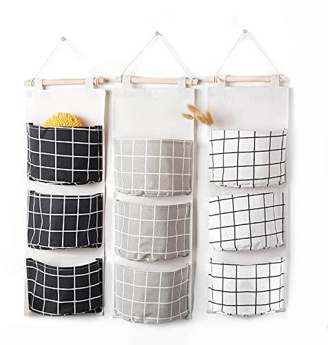 3er-Pack Gitter-Hängetaschen, wasserdichter Organizer, Aufbewahrungszubehör, Baumwoll Leinen Einkaufstüte, Wandbehang Utility Bag, Hanging Storage, Geeignet für Badezimmer (Schwarz, Weiß, Grau)