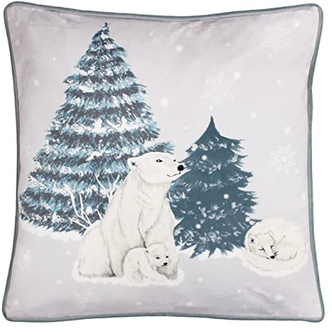 furn. Arcticus Bear Polyester Filled Cushion (Blue - 45x45cm) | Christmas Winter Polar Bear Family Velvet Fleece Reverse Piped Trim Festive Pillow