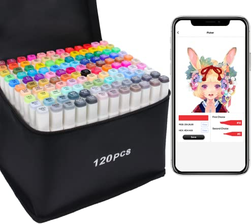 Vokiuler 120 Farben Alkohol Marker Set mit App, Dual-Tip Marker Stifte zum Ausmalen, Schnelltrocknende Permanenter Markers für Manga Design Kindergeschenk Tochter Zeichnen, mit Tragetasche
