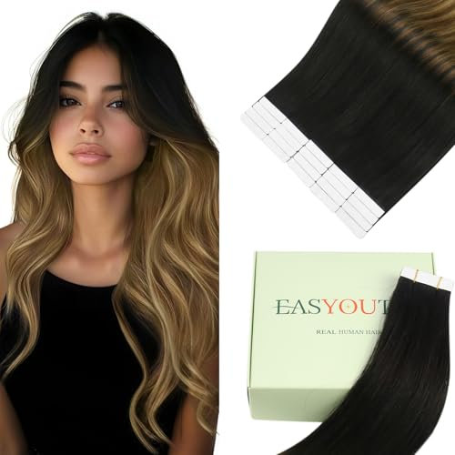 Easyouth Tape in Extensions Echthaar Remy Glue in Haar Extension Echthaar Farbe Schwarz Ombre Mittelbraun Mit Honigblond Invisible Tape Extensions Balayage #1B/6/27 50 cm 50g 20 Stücke