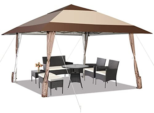 TANGZON 4 x 4m Pop up Gazebo, 3-Level Height Adjustable Instant Canopy Shelter with Vented Roof & Carry Bag, Foldable Waterproof Party Tent Patio Garden Pavilion (390x390x265/275/285cm, Brown+Khaki)