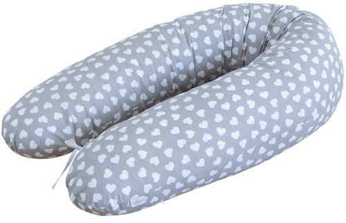 Stillkissen L/XL - 190 cm mit abnehmbarem Bezug aus 100% Baumwolle - Schwangerschaftskissen, Seitenschläferkissen & Lagerungskissen mit leiser FillBall-Füllung, in Europa gefertigt (Herzchen Grau)