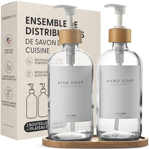 MaisoNovo Lot Distributeur Liquide Vaisselle – Distributeur Savon Verre avec Pompe – Pompe Blanche en Bambou Transparent 500 ML – Distributeur de Savon de Salle de Bain – Lot de 2 avec Plateau