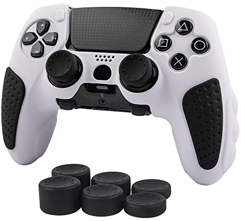 Schutzhülle für DualSense Edge, ergonomisch, weich, rutschfest, Silikon, Controller-Griffabdeckung, Zubehör-Set für PlayStation 5, DualSense Edge Controller mit Daumengriffkappen, Weiß / Schwarz